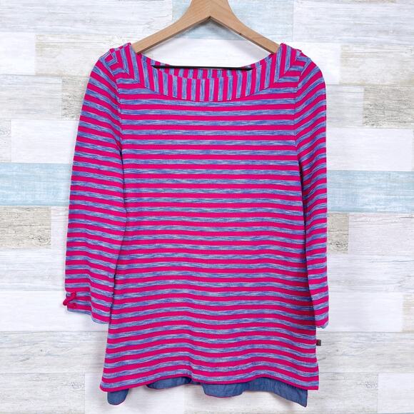 T By Talbots Striped Pique Knit Top Pink Blue 3/4 Sleeve Boat Neck Womens Medium - Picture 1 of 7